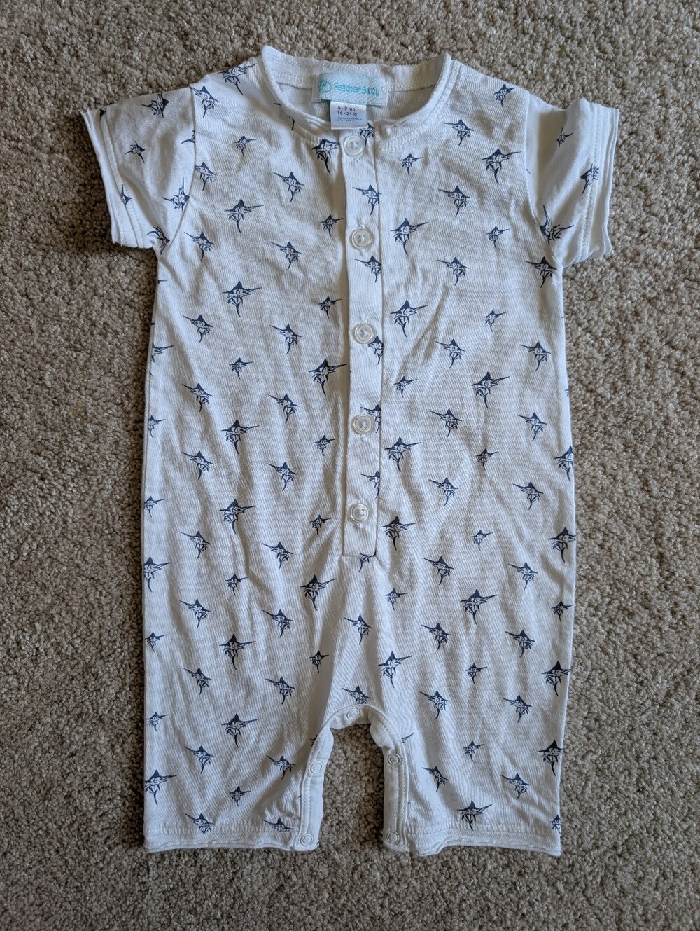 Feather Baby 6-9 Months Nautical Fish Marlin Romper | Boy Girl Pima Cotton